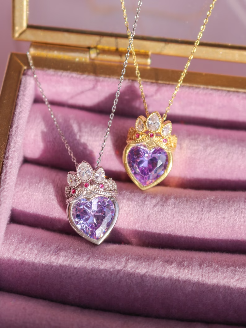 Rapunzel Tangled Crown Heart Purple Necklace