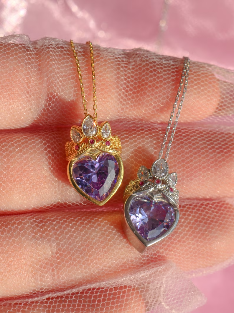 Rapunzel Tangled Crown Heart Purple Necklace