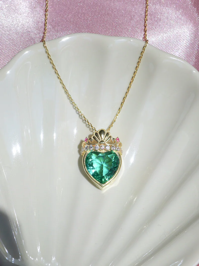 Ariel The Little Mermaid Green Heart Crown Necklace