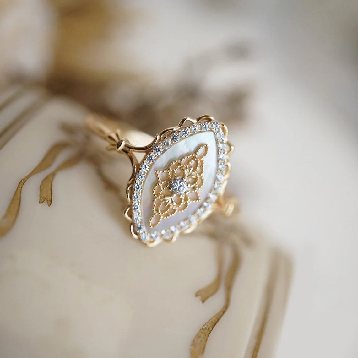 mother of pearl vintage fairy fae pixie ring, front side