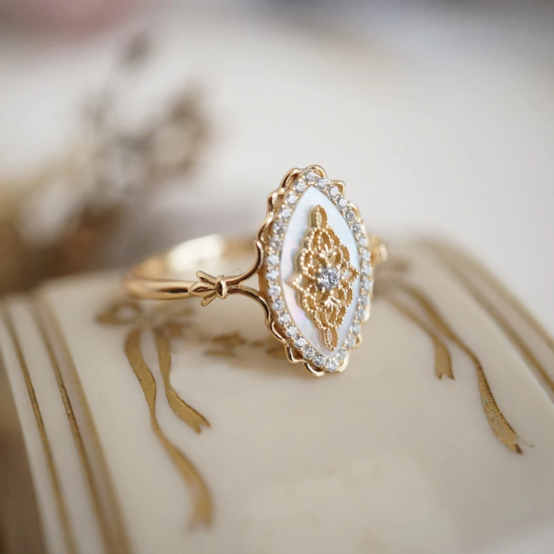 mother of pearl vintage fairy fae pixie ring, side view