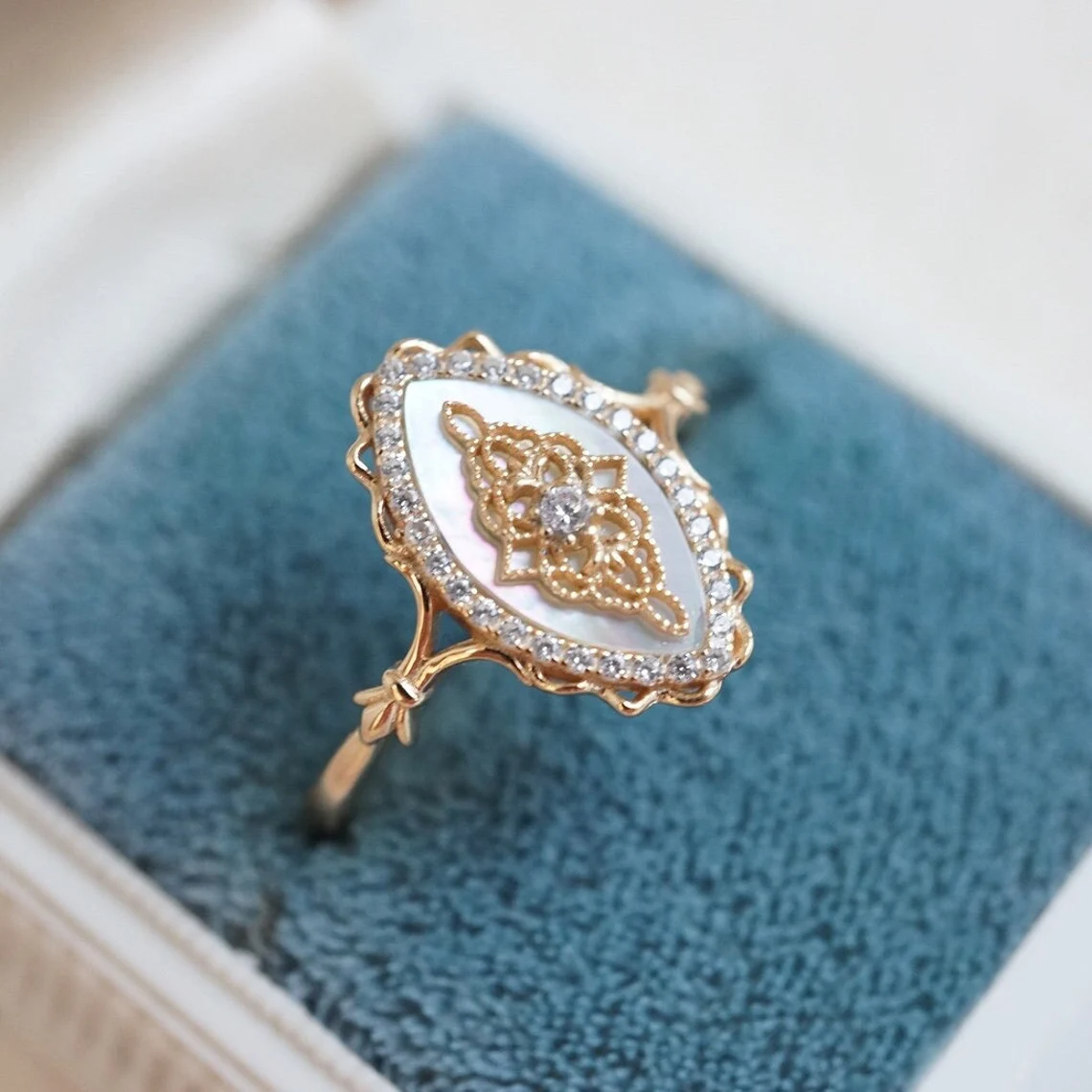 mother of pearl vintage fairy fae pixie ring