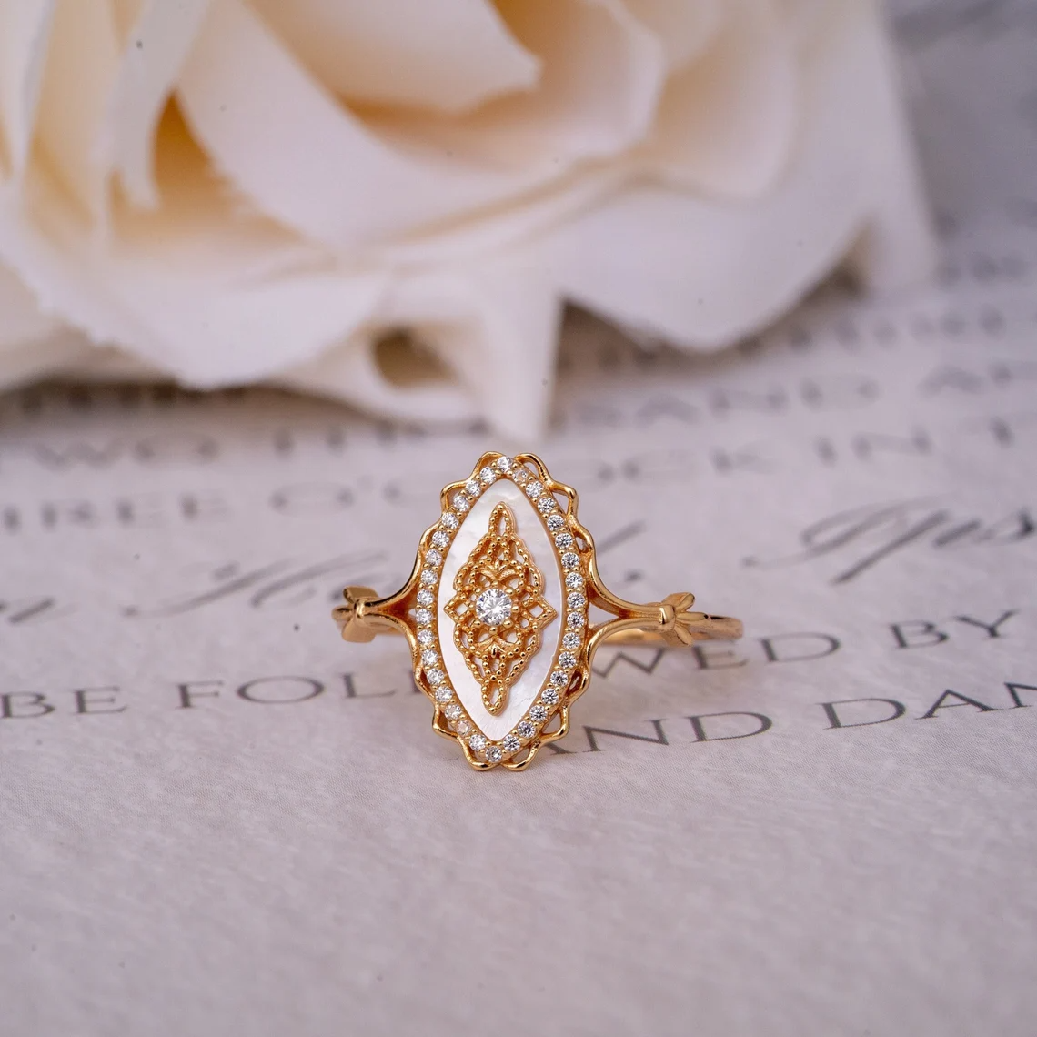 mother of pearl vintage fairy fae pixie ring