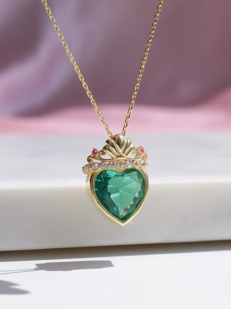 Ariel The Little Mermaid Green Heart Crown Necklace