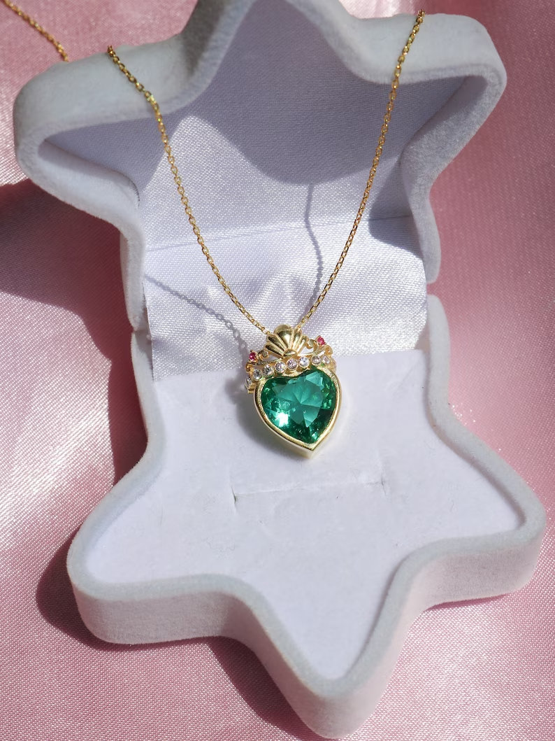 Ariel The Little Mermaid Green Heart Crown Necklace