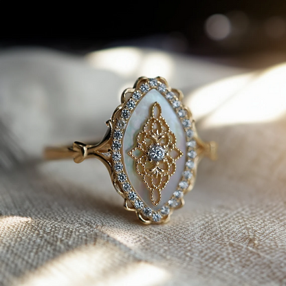 mother of pearl vintage fairy fae pixie ring, front side