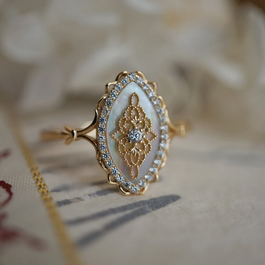 mother of pearl vintage fairy fae pixie ring, front side